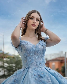 2021 Sky Blue plesové Šaty, Quinceanera Šaty Korálkové Mexickej Party Šaty 3D Kvety Princess Sladké 15 16 Šaty Party oblečenie XV Anos