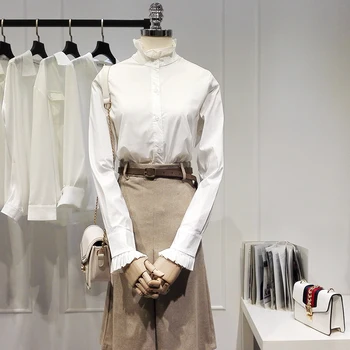 Volániky Ženy Biele Košele Jar Nové 2021 Tenkým Dlhým Rukávom Office Lady Elegantné Outwear Topy