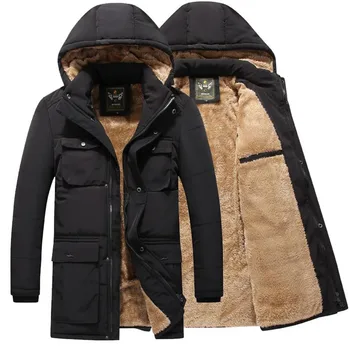 Zimná Vetrovka Mužov Zimný Kabát Fleece Dlhá Bunda Outwear Kapucňou Multi-vrecko Zimné Oblečenie Mužov Dole Vetrovka