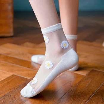 Ženy ponožky jar leto kórejský Japonský štýl daisy transparentné Kawaii Roztomilý Šťastný Harajuku Farebné tylu ponožky