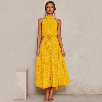 Letné 2021 Ženy Pre Dlhé Šaty Polka Dot Bežné Šaty Čierne Sexy Party Okolo Ramienok Nové Žlté Sundress Dovolenku Oblečenie