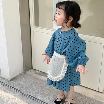 Dievčatá Kórejský Klope Dlhý Rukáv Polka Dot Dress 2022 Jar Nové Oblečenie Pre Deti
