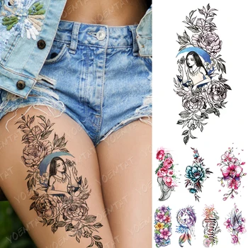 Nepremokavé Dočasné Tetovanie Nálepky Mesiac Dievča Rose Jednorožec Flash Tetovanie Pivónia, Kvety Body Art Rameno Falošné Rukáv Tetovanie Ženy Muži