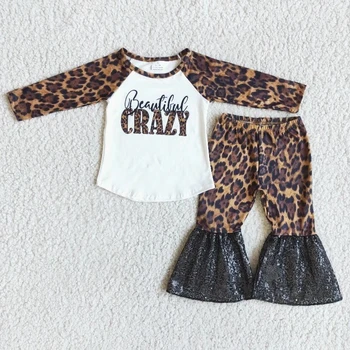 Veľkoobchod Batoľa Nosiť Módne boutique Deti Oblečenie Baby Girl Šaty List Leopard Top Čierne Flitre Zvony Nohavice Deti Nastaviť
