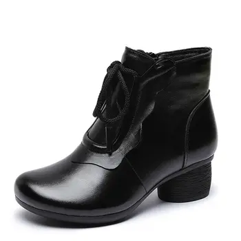2021 jesenné a zimné kožené členkové topánky silné päty ženy topánky čipky etnickom štýle retro krátke topánky, v strednom veku bavlna topánky