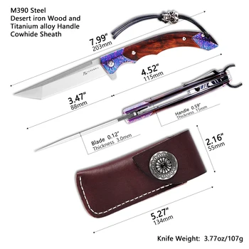 PREDNÉ Vrecko Nože Skladací Nôž,M390 Čepeľ andDesert železa, Dreva Rukoväť s Kovovou Vrecko Klip a Cowhide Prezervatívy,podporu raného vývinu die a nôž