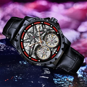 2021 nový produkt APNUONR sledovať dvojité zotrvačníka vodotesné hodinky pánske automatické mechanické hodinky módne dutý veľký ciferník hodiniek