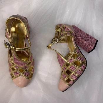 Luxusné Crystal Blok Päty Šaty Topánky Ženy Vysoké Podpätky Ružové Kožené Gold Okolo Prst Drahokamu Čerpadlá Žena Sandále Plus Veľkosť 43