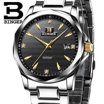 Luxusné hodinky Značky muž BINGER Mužov Plný Nehrdzavejúcej Ocele Sapphire Quartz Hodinky Business Série Kalendár jednoduchá tabuľka nepremokavé