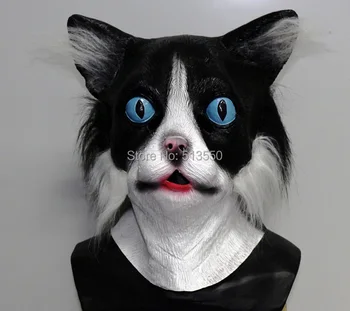 Dospelých Latex Mačiatko Kitty W/ Kožušinových Zvierat Pet Kostým Gumy Black Cat Maska