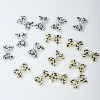 10Pcs Japonský Zlato, Striebro Zliatiny Luk Charms Pearl Bowtie Dizajnér Prívesky, Šperky Pre UV Gél 3D Nail Príslušenstvo 7.8x10.9mm