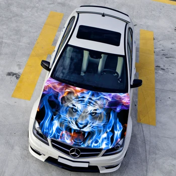 DIY Auto styling HD atramentové Modrý Plameň Angry Tigre Kapota nálepky auto Vodotesný film Zvierat nálepky 135*150 cm Zmeniť farbu film