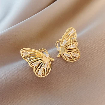 Trendy Nádherné 14k Skutočné Zlato trojrozmerné Motýľ Tvar Náušnice pre Ženy Šperky Bling AAA Zirkón S925 Strieborná Ihla