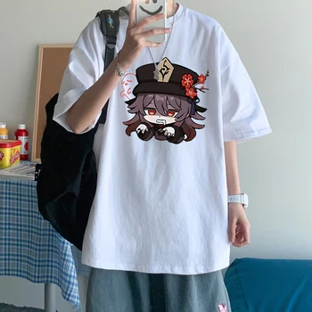 Harajuku Estetika Cartoon Genshin Vplyv Hu Tao Tlačiť T-shirt Ženy Muži Krátky Rukáv Príležitostné Letné Nadrozmerné T Košele, Topy