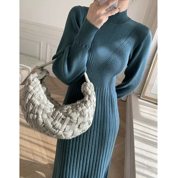 Francúzsky dizajn zmysel nika dlhej časti dna turtleneck sveter modrej sukne pletené šaty žena jeseň a v zime
