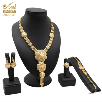 Africké Jemné Šperky Sady Zlatá Farba Náhrdelník & Náušnice Nastaviť Indickej Náramok, Prstene Pre Ženy Dubaj Nigérijský Svadobné Dary