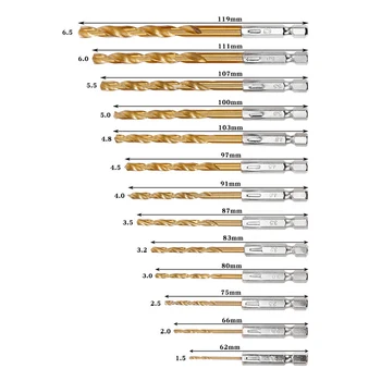 13PCS Šesťhranné Rukoväť Titánu Á Twist Vrták HSS rýchloreznej Ocele, Titán Potiahnutý vrtáka Hex Ramienka Nástroje na 1,5-6,5 mm
