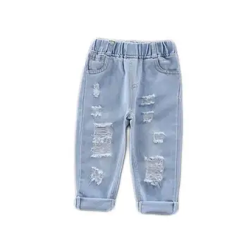 Detské roztrhané džínsy dieťa voľné roztrhlo džínsové nohavice dieťa rovnou nôh nohavice módne mid-pás deti, detské oblečenie
