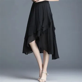 Boho sukne - ženy vysoký pás prehrabať sukne české dlho Asymetrické šifón sukne kórejský streetwear zelená čierna