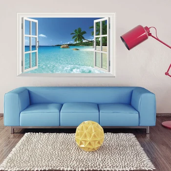 3D Beach Okno Seascape Stenu, Nálepky Nepremokavé Art Nástenné Odtlačkový Domov Izba Dekor Pre Spálne prijímacej Miestnosti Strop, Steny 60*90 CM