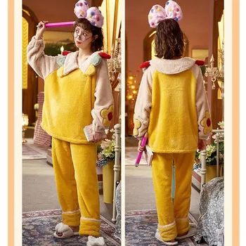пижама Župan Sady Pijamas Ženy Pyžamá Coral Femme Sleepwear Cartoon Sladké Obleky, Zimné Žltá teplo Domova Oblečenie Žena Hrubé