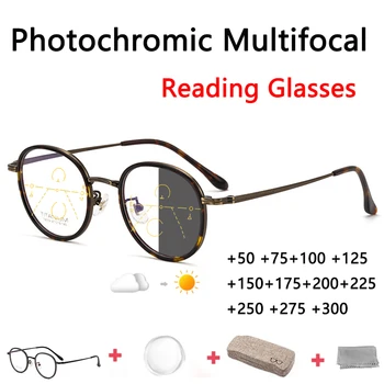 Slnečné okuliare, Vonkajšie Photochromic Okuliare na Čítanie Progresívna Multifokálna Okuliare Ženy Muži HD Módne Kolo Rám Leopard +125 +175