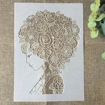 29*21 cm Krásny Kvet Vlasy Dievča DIY Vrstvenie Blany Maľovanie Zápisník Sfarbenie Razba Album Dekoratívne Šablónu Karty