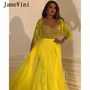 JaneVini 2020 Luxusné Lištovanie Strapec Dubaj Žltá Dlhé Šaty Ples Riadok Polovičný Rukáv Iskrivý Flitrami Tylu Gala Šaty Plus Veľkosť
