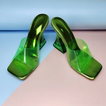 2022 V Lete Námestie Topánky Klin Módne Farebné Crystal Päty Transparentné Papuče Ženy Vysokým Podpätkom Sandále Strany Doprava Zadarmo
