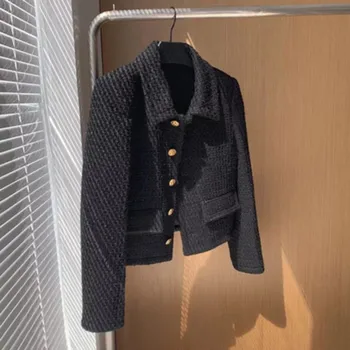 Dráhy Jeseň Zima Vintage Ostrihané Bunda dámske kórejský Módne Čierne Bežné Tweed Bundy Elegantné Chic Značky Outwear Kabát