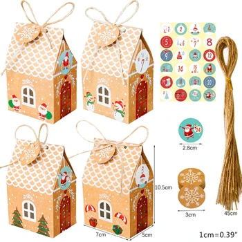 24 Sady Vianočný Dom Darčeka Kraft Papier Cookies Candy Bag Snowflake Značky 1-24 Adventný Kalendár Nálepky Konopné Lano Y5JC