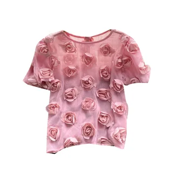 Sladké Ženy Perspektívy 3D Kvety Šifón, Blúzky, Letné Wild Tenké Ruže Košele Čipky T-Shirts Lístkového Rukáv Plodín Topy 2021 Blusas
