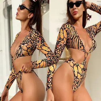 Sexy Leopard Dlhý rukáv, plavky ženy odrezať celé plavky jednodielne plavky remeň bikini vysoký pás kimono playero plavky