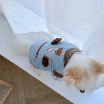 Nové jesenné a zimné šteňa psa troch-dimenzionální uši dva-legged bavlna-čalúnená oblečenie môže byť ťahané malé a stredné psa