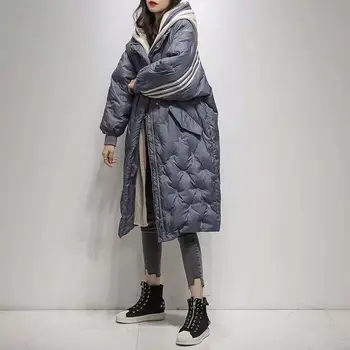 LUZUZI Modrá Kapucňou Dole Kabát Žena 2021 Zimné Nové Voľné Dlho Teplá Nadol Bunda kórejský Pletené Klobúk Falošné Dve Ženy Outwear