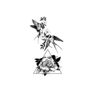 Black Lastovička Kvety Falošné Tetovanie Nálepka pre Ženy Náčrt Rose Listy Geometrické Dočasné Tetovanie Vody Prenos Tatoos Dievčatá