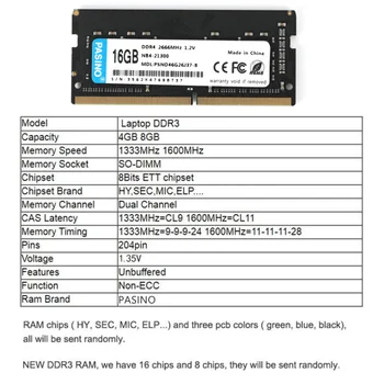PASINO Memoria Ram DDR3 DDR4 4GB 8GB 16GB Notebook Ram 1333 1600 2133 2400 2666MHz 240pin Notebook Sodimm Pamäte