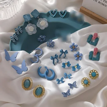 Modrá Kórejský Náušnice Jednoduché Vintage Náušnice Ženy Geometrické Kvetinový Náušnice Nové Temperament Šperky Darček Priateľovi