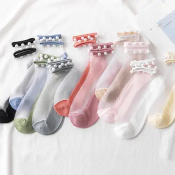 1 Pár Pearl Transparentné Ženy Ponožky Priedušné, Mäkké Roztomilý Elegantné Dámske Bavlnené Krátke Ponožky Letné