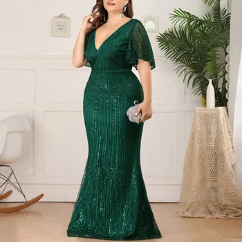 Zelená Morská víla Večerné Šaty DR1538 Plus Veľkosť tvaru Vestidos De Fiesta Svieti Sequin Ženy Party Šaty V-Neck Elegantné Šaty