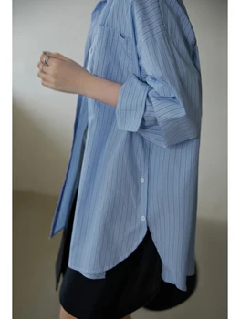 DUSHU Bavlna Modré Pruhované Tričko, Tenká Zvislý Prúžok Dizajn Zaoblené Hem Rozliata Dizajn Ženy Jednoduché Prímestských Retro Voľné Tričko