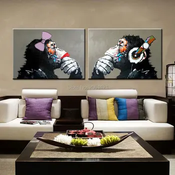 Ručne maľované legrační opice pár Gorila orang maľovanie darček pre rodičov milenca plátno olejomaľba ŠEDÁ zvierat wall art