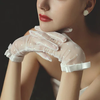 Transparentné Dot Tylu Sieťované Rukavice Tvárny Oka Tylu Bowknot Plný Prst Palčiaky Ženy, Dievča, Svadobné Rukavice Rukavice Etiketa