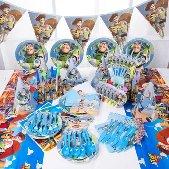 Cartoon Disney Príbeh Hračiek Téma Strana Navrhne Dekorácie Balóny Tablecover Klobúky Toy Story Doska Pohár Vlajka Strany Jednorazové Nastavenie