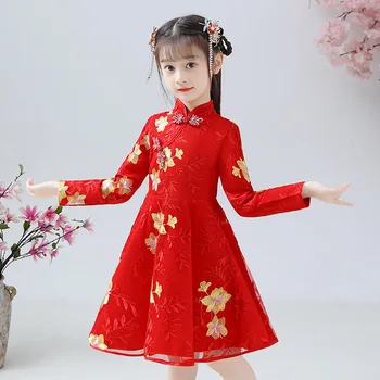 Jeseň Zima Dievčatá Šaty Nové Hanfu Dievčatká Cheongsam Retro Čínsky Štýl Detí Princezná Šaty Flower Deti Oblečenie