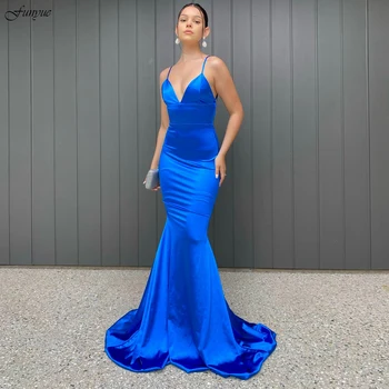 Funyue Sexy Backless Morská Víla Šaty Ples 2022 Nové Kráľovská Modrá Jednoduchá Saténová Formálnej Strany Večerné Šaty Dlhé Špagety Popruhy