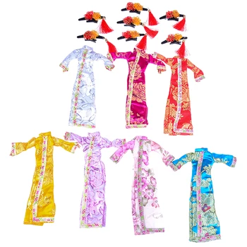 Šaty, Oblečenie Pre Bábiku Čínske Tradičné Šaty Cheongsam+Vlajka Hlavu Headware Večerné Šaty Ručne vyrábané Bábiky Príslušenstvo 1PCS