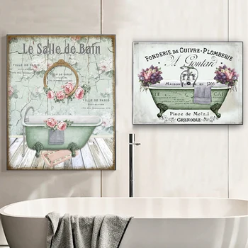 Vintage Francúzsky Štýl Ošumelé Viktoriánskej Vaňou Plátno Na Maľovanie Vytlačí Kúpeľňa Wall Art Decor Obrázky, Plagáty Miestnosti Domova