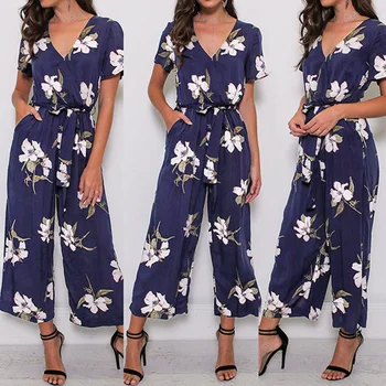 Nové Trendy Ženy Oblečenie Letné Party, Kvetina Tlače Jumpsuit Krátky Rukáv Polyester tvaru Romper