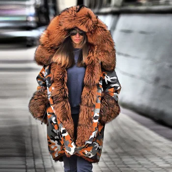 Ženy Faux Noriek Kožušiny Golier Arctic Fleece Parkas Dlho Maskovať Oblečenie Bundy Zimné Kabáty Žena Bežné Kabát S Kapucňou Kabát